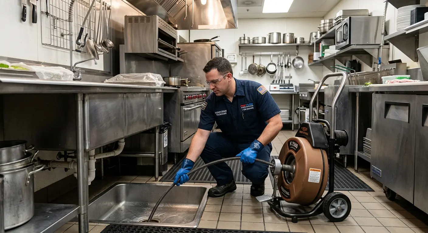Commercial drain cleaning service in a restaurant kitchen in Hamilton