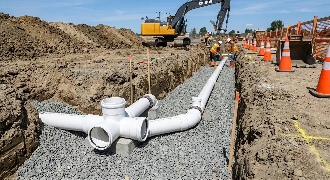 New PVC sewer pipe installation in open trench for Sewer Backup in Hamilton